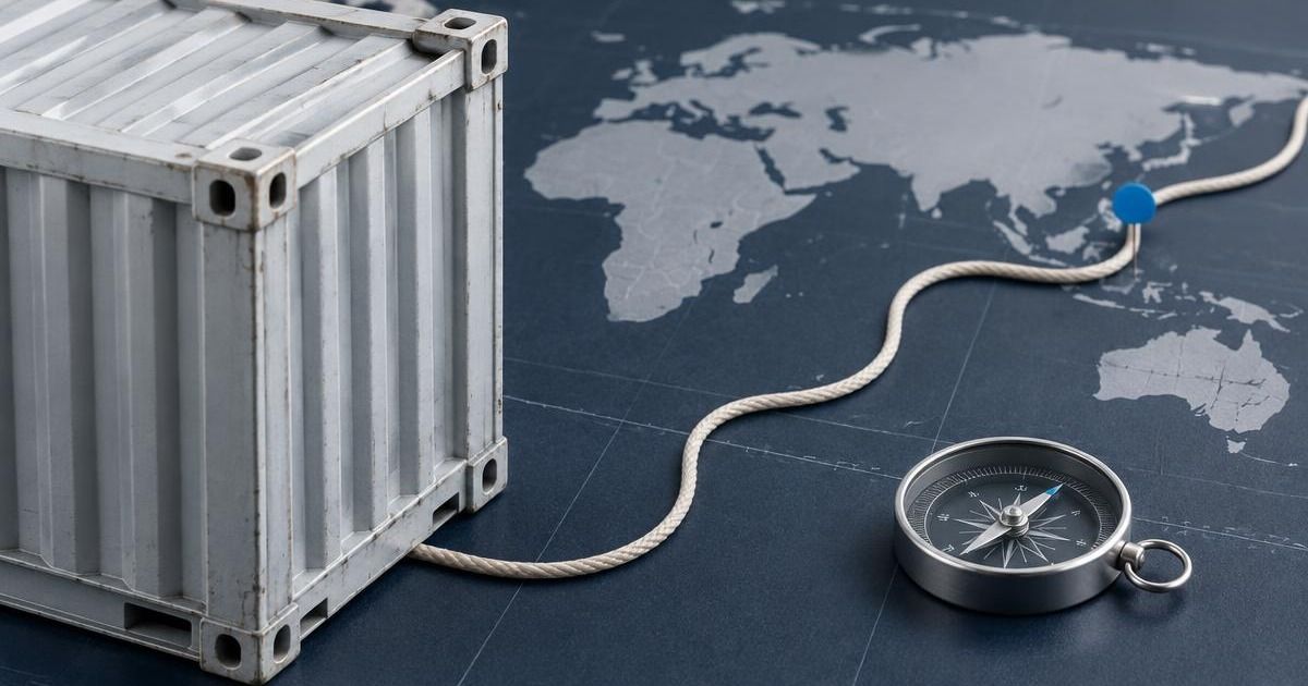 White model shipping container beside a compass and a rope laid across an unlabeled world map