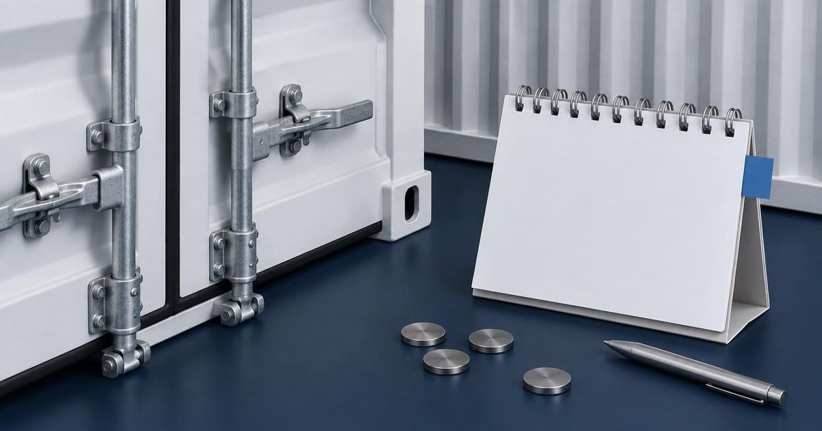 White container doors beside a blank desk calendar, metal markers and a pen