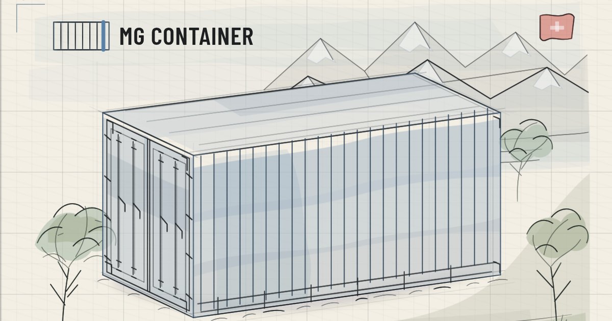 Architect-style watercolour drawing of a 20-foot shipping container on a Swiss hillside, with mountains, trees and the MG Container logo