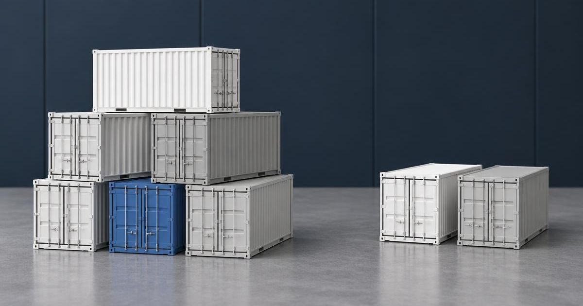 Unequal groups of white model shipping containers with one blue container on a studio surface