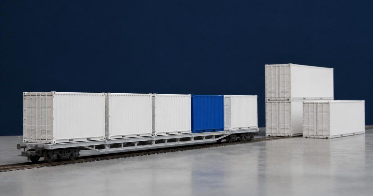 Scale model of an inland rail yard with a flatcar carrying white high cube containers and one blue container, more containers stacked beside the track