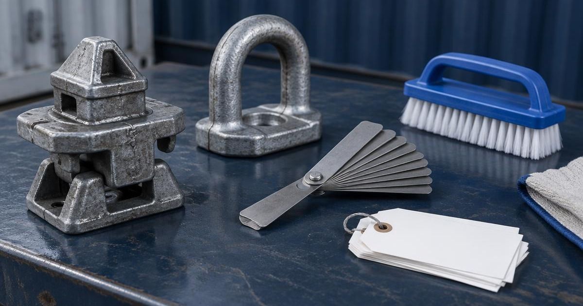 Container hardware, inspection gauges, a cleaning brush and blank tags on a metal workbench